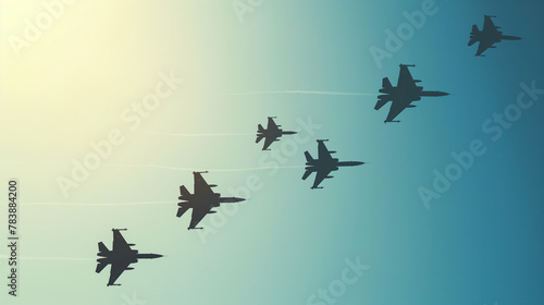 Fighter Jets in Sky Formation, Aerial Maneuver at High Altitude