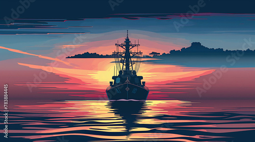 Sketched Destroyer Ship at Sunset, Stylized Ocean Illustration