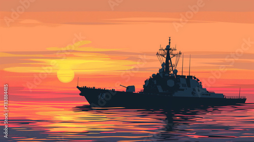 Sketched Destroyer Ship at Sunset  Stylized Ocean Illustration