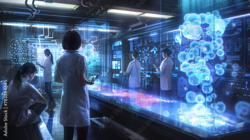 Scientists work on advanced holographic interfaces for data analysis in a modern laboratory Scientists work on advanced holographic interfaces for data analysis in a modern laboratory