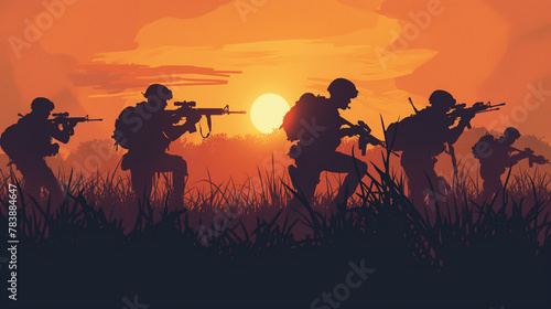 Silhouetted Soldiers at Dawn, Military Operation Concept