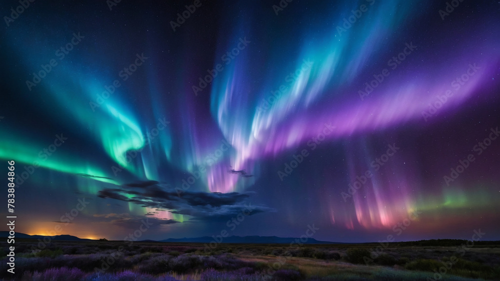 An enchanting abstract light effect texture in shades of amethyst, lilac, and sky blue, resembling the shimmering lights of the aurora borealis dancing across the night sky.