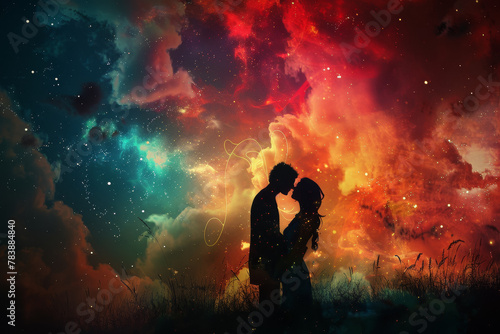 A couple is kissing in the sky with a colorful background