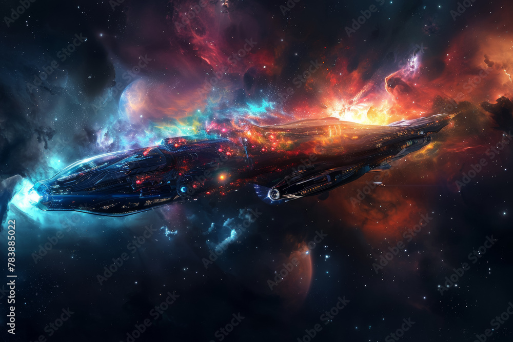 A colorful space ship is flying through a galaxy of stars and nebulae - obrazy, fototapety, plakaty 
