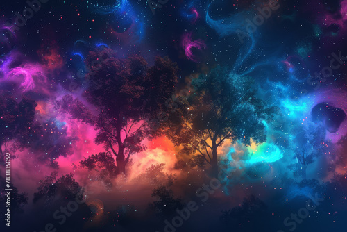 A colorful galaxy with two trees in the foreground