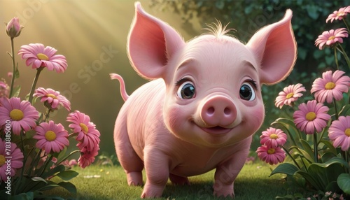 A cheerful cartoon piglet stands in a sunny garden, surrounded by vibrant pink flowers, looking up with a bright, playful smile.