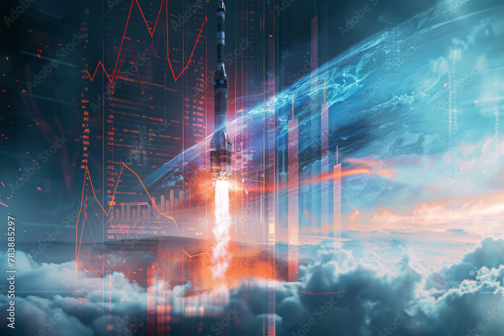 Fototapeta premium A futuristic cityscape with a rocket launching into the sky