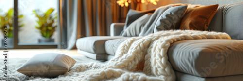 Detail shot of a decorative throw blanket draped over a sofa, hyperrealistic photography of modern interior design