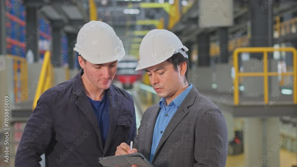 Close up professional manager or engineer workers discuss together with tablet in front of electrical or metro train in the factory. Close up professional manager or engineer workers discuss together with tablet in front of electrical or metro train in the factory.