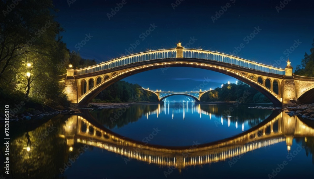 A captivating night scene of a beautifully lit ornate bridge reflecting on calm waters.