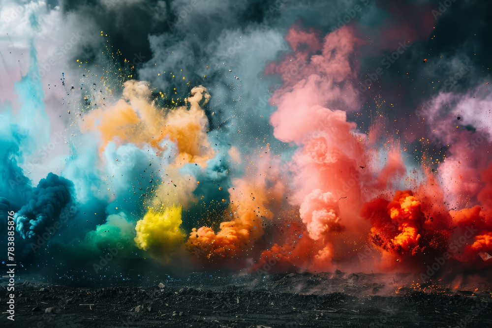 A colorful explosion of smoke and fire in the sky. The colors are vibrant and the smoke is billowing out in all directions. Scene is chaotic and intense, with the smoke