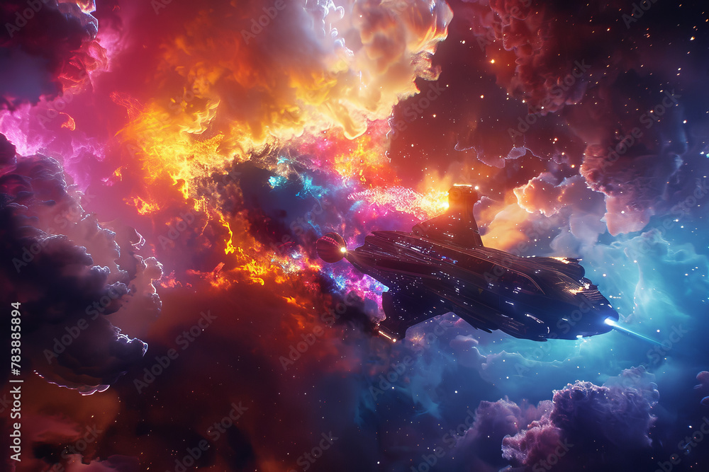 A colorful space ship is flying through a colorful cloud of gas. The ship is surrounded by a rainbow of colors, and the clouds are also colorful. The scene is very vibrant and lively