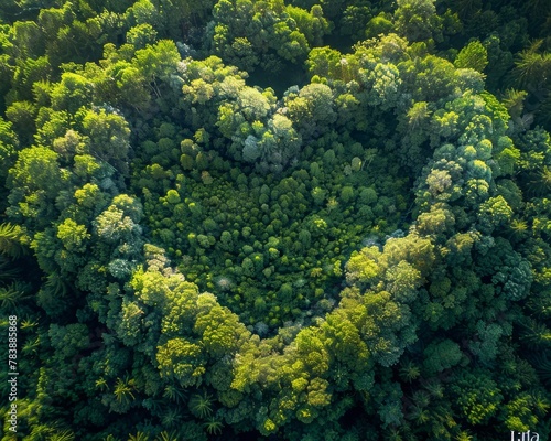 Aerial heart-shaped forest clearing, embodying love for Earth, surrounded by vibrant nature 