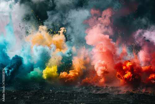 A colorful explosion of smoke and fire in the sky. The colors are vibrant and the smoke is billowing out in all directions. Scene is chaotic and intense  with the smoke