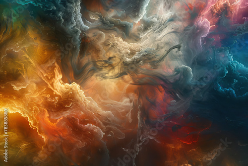 A colorful, abstract painting of a galaxy with a bright orange cloud in the middle. The painting is full of vibrant colors and has a dreamy, otherworldly feel to it