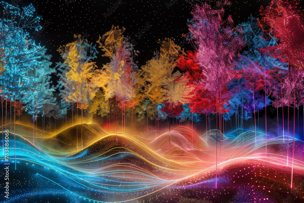 A colorful forest with trees of different colors. The trees are lit up and appear to be glowing. Scene is bright and cheerful