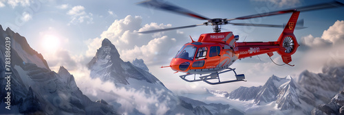 A red helicopter is flying over a snowy mountain. photo