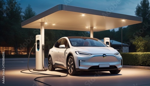 A modern electric car charging at a station with bright lights at dusk, representing sustainable transportation © video rost