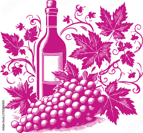 Vector stencil artwork featuring grapevine grapes leaves and wine bottle