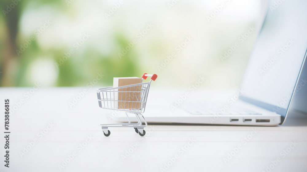 Mini Tiny cart with boxes beside laptop with blur background. Concept banner online shopping E-commerce.