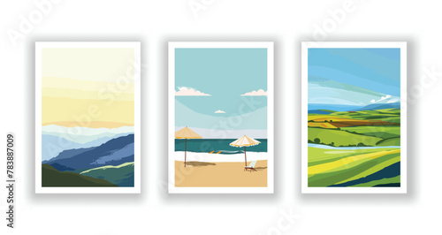 Summer Landscape - Sea View Poster, Cover, and Card Set with Beach, Mountains, and Typography Design