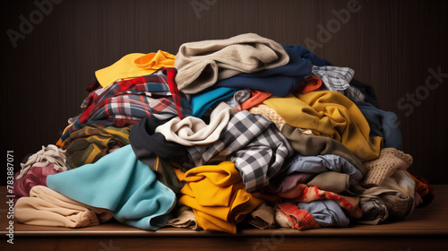 Concept problem of conscious consumption of clothing, people pollute environment with textiles. Disposable clothing lying in heap.