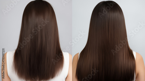 Brunette Hair before and after treatment, sick, cut and healthy hair