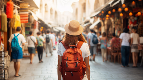 Young traveler with backpack wanders through bustling market street, absorbed in local culture. Concept travel tourism trip in bazaar Arab country or Egypt. © Adin