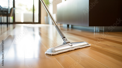 Modern Hardwood Floor Cleaning with Sleek Vacuum Mop in Sunlit Room