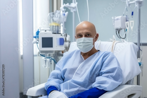 Cancer patient Mature bald man smile wearing mask and gown in a clinical setting  showing compliance and resilience.