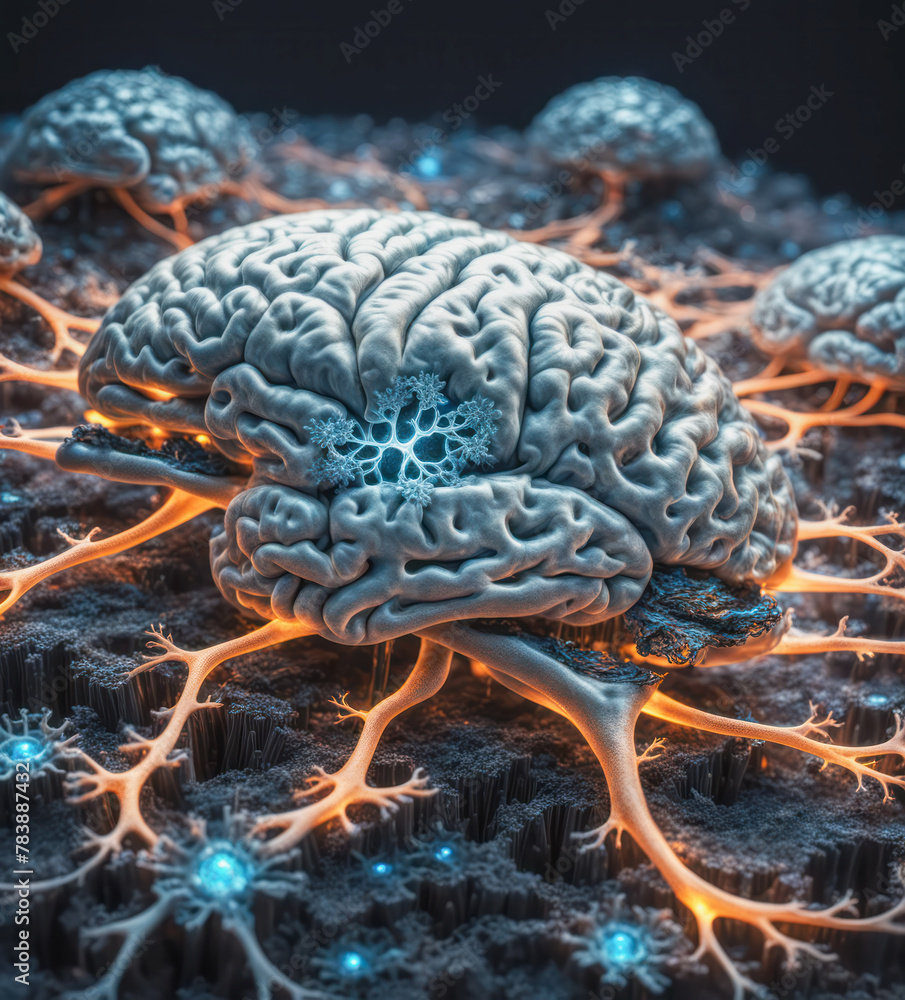 mental health concept brain evolving with orange synapses roots in the ground , growing in a network fo mental health concept brain evolving with orange synapses roots in the ground , growing in a network fo