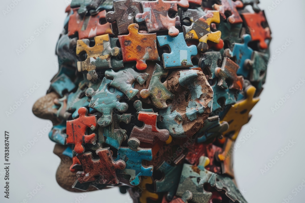 Naklejka premium A head made of jigsaw puzzle pieces. The head is made of many different colored pieces, and it looks like it is made of a single piece. The head is very abstract and has a lot of texture