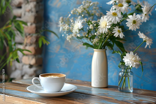 Simple and elegant composition featuring cup of coffee and vase of flowers on table, perfect for adding touch of warmth and beauty to any setting. © Jhon
