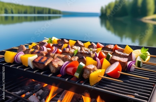 The kebab is grilled on the grill. Barbecue on the background of the lake. Vacation with delicious food.