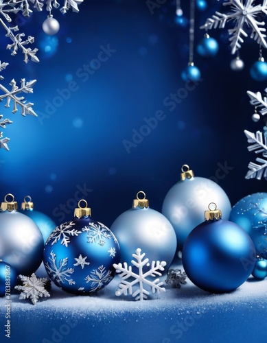 A collection of blue and white Christmas ornaments adorned with snowflakes, gracefully arranged on a snowy surface with sparkling bokeh background.