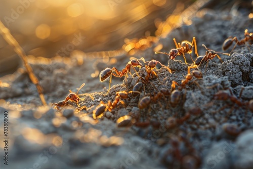Macro shot of ants working on their anthill