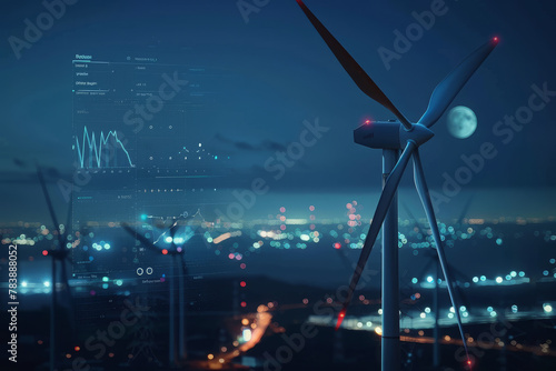 A wind turbine is shown in the night sky with a city in the background. Concept of progress and innovation, as the wind turbine represents a clean and renewable energy source