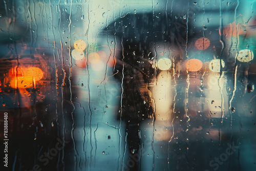 A blurry image of a rainy street with a person walking under an umbrella. The raindrops on the window create a sense of movement and a moody atmosphere