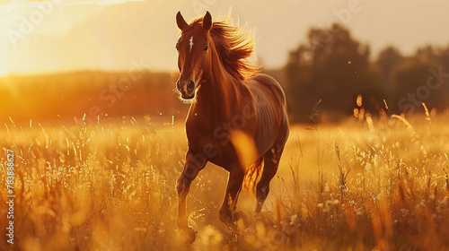 A beautiful horse runs across a field in the sun's rays