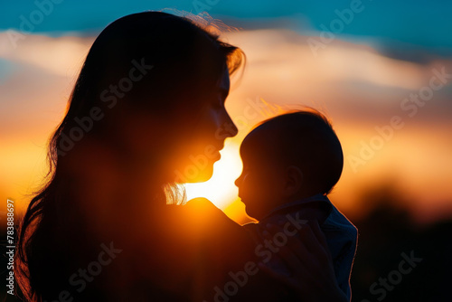 A woman is holding a baby in her arms while the sun is setting in the background. Concept of warmth and love between the mother and child, as well as the beauty of a sunset