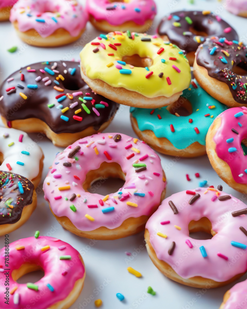 collection of fluffy colorful donuts, summer vibe, fast food industry collection of fluffy colorful donuts, summer vibe, fast food industry