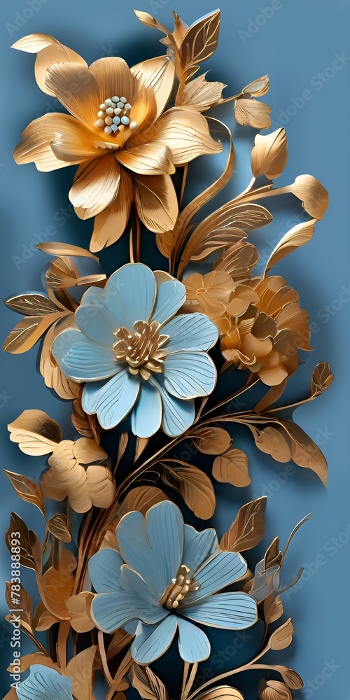 Bright decorative light blue background with voluminous decorative flowers and elements of luxurious gold embroidery, elegant and sophisticated.  Mobile background image wallpaper for mobile phone.