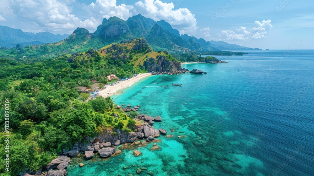 A breathtaking aerial view of Thailand's pristine coastline, where land and sea merge in perfect harmony.
