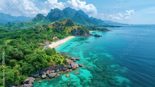 A breathtaking aerial view of Thailand's pristine coastline, where land and sea merge in perfect harmony. photo
