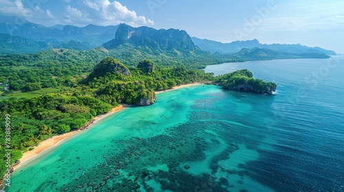 A breathtaking aerial view of Thailand s pristine coastline  where land and sea merge in perfect harmony.