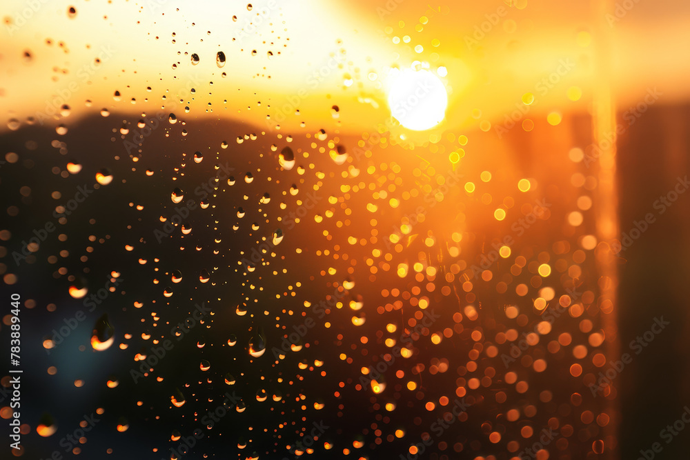 A window with raindrops on it and a sun in the background. The sun is setting and the raindrops are reflecting the light A window with raindrops on it and a sun in the background. The sun is setting and the raindrops are reflecting the light
