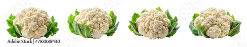 Collection of fresh cauliflowers with green leaves, isolated on a transparent background. PNG, cutout, or clipping path.	
