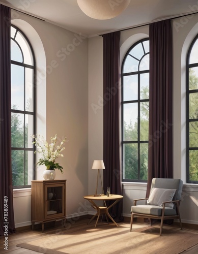 Arched windows let in light to an elegant room with vintage furniture and a peaceful vibe.