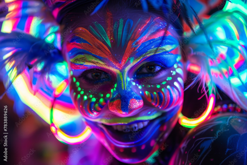 A woman with neon face paint is smiling. The colors are bright and vibrant, giving the impression of a fun and energetic atmosphere