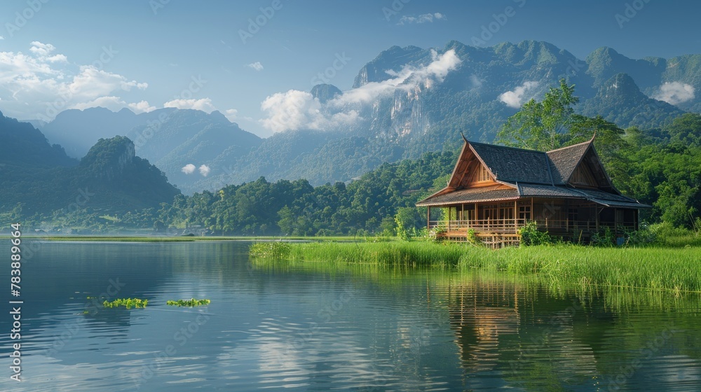 Fototapeta premium A picturesque scene of Thailand's idyllic countryside, where time seems to stand still amidst natural beauty.